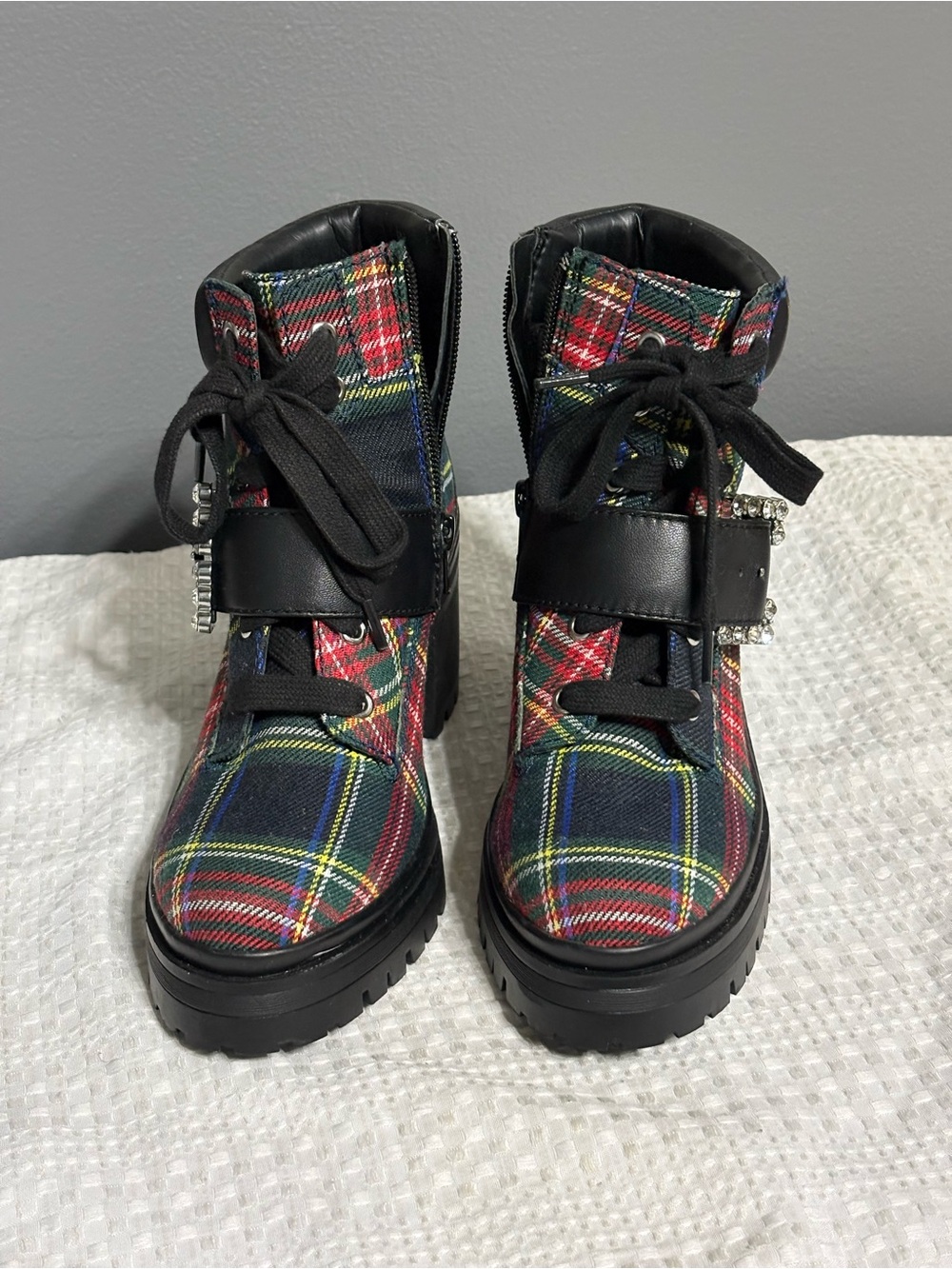 Gianni Bini Plaid Ankle Boots with Rhinestone Buckle - Red, Green, Blue